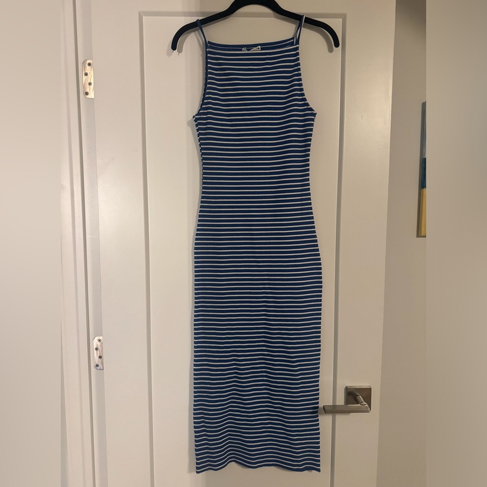 Zara Blue and White Striped Midi Dress